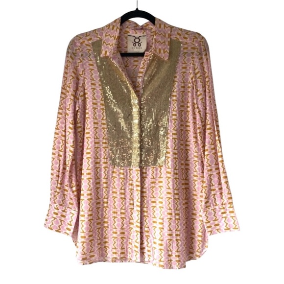 Figure Lamu Shirt in Kenyan Mosaic Pink Gold Sequin Button Down Top - Picture 2 of 11